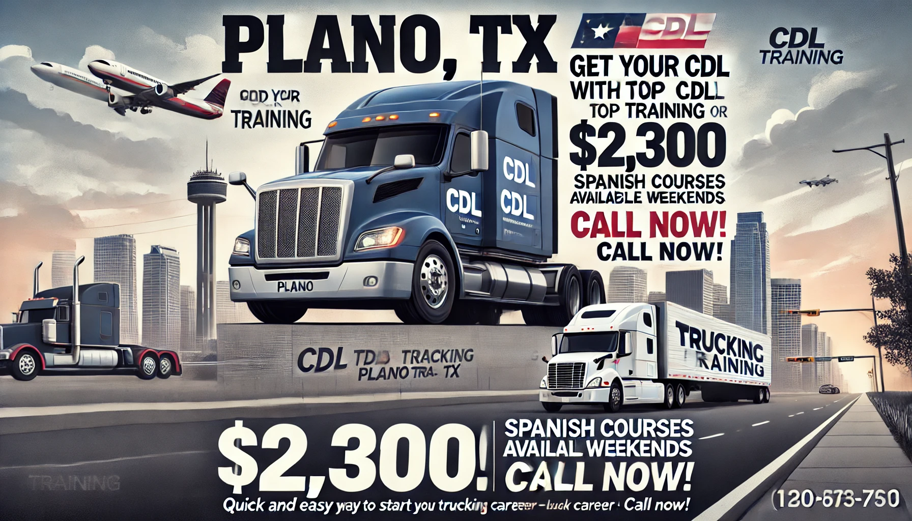 "Plano, TX: Get your CDL with top training for $2,300! Spanish courses available on weekends. Quick and easy way to start your trucking career. Call now!"