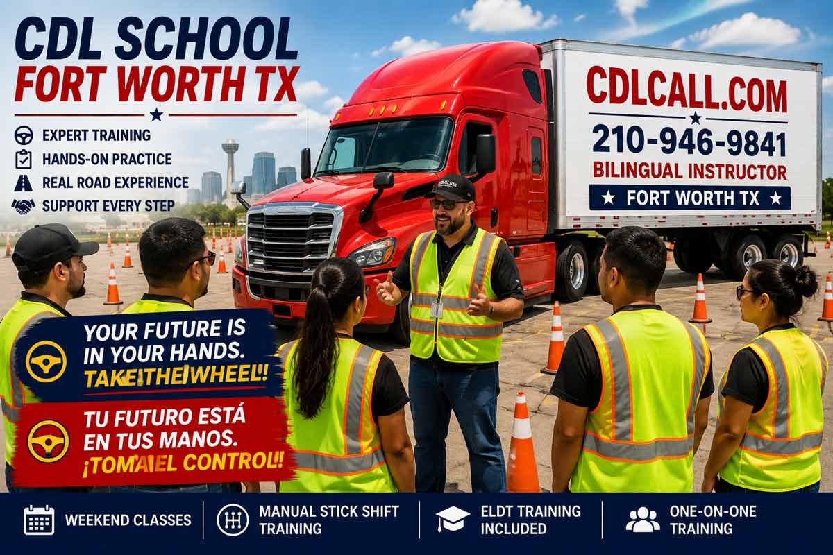 CDL School Fort Worth TX with bilingual instructor, hands-on CDL training, manual stick shift training and ELDT